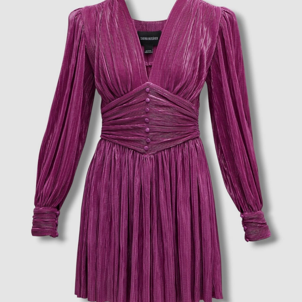 $350 Sabina Musayev Women's Purple Metallic Pleated Ruched Mini Dress Size XL